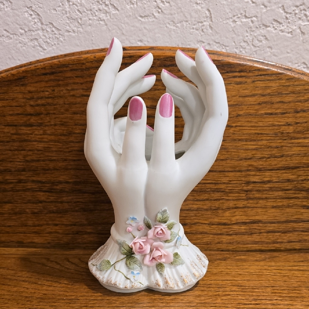 Lefton Vintage White Lady Hands Vase with Pink Flowers
